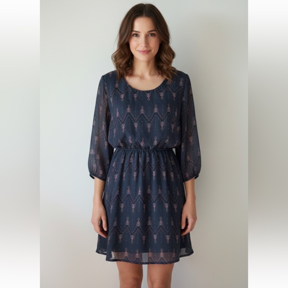 Maurices Bluish‎ Green Fall color Accents Flowy 3/4 Sleeve Pull Over Dress Med